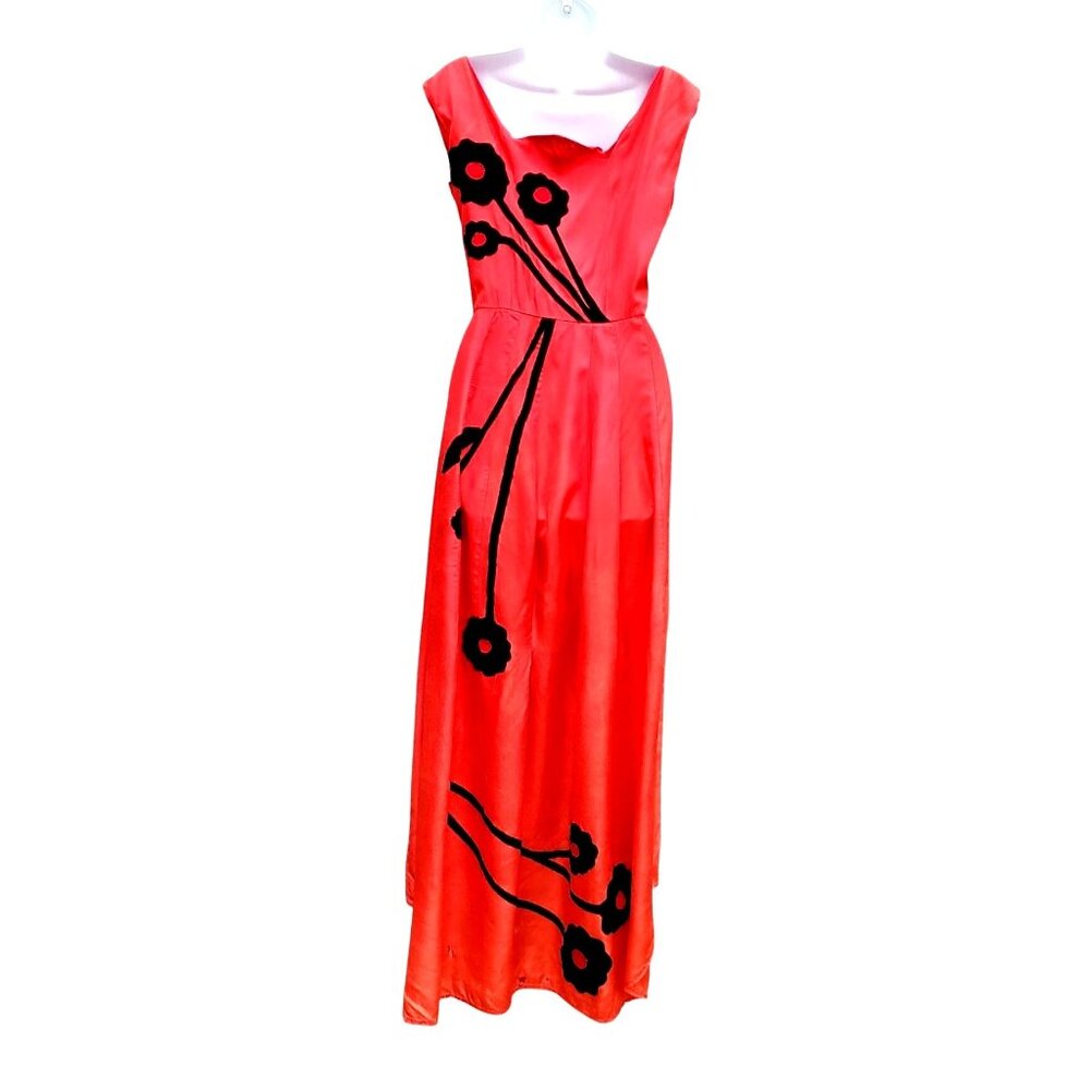 Vintage 30s Style Red Orange Acetate Maxi Size S Black Appliqué Gown Prom Dress - Picture 1 of 14